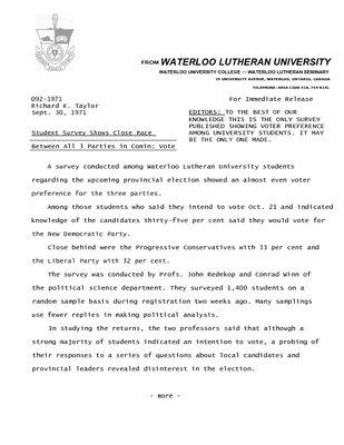 092-1971 : Student survey shows close race between all 3 parties in coming vote