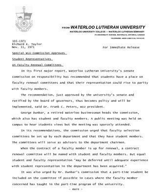 105-1971 : Special WLU Commission approves student representatives on faculty renewal committees