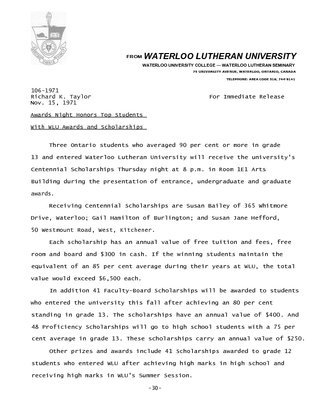 106-1971 : Awards night honors top students with WLU awards and scholarships