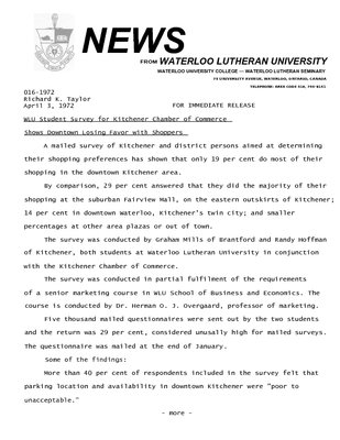 016-1972 : WLU student survey for Kitchener Chamber of Commerce shows downtown losing favor with shoppers