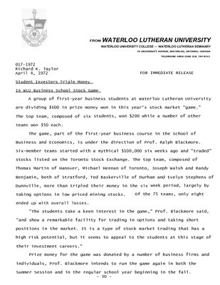 017-1972 : Student investors triple money in WLU Business School stock game