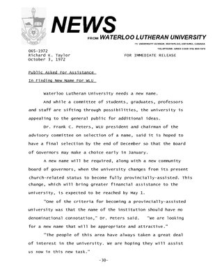 065-1972 : Public asked for assistance in finding new name for WLU