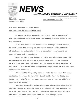 067-1972 : WLU won't require $11 SACU tests for admission to its freshman year