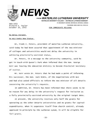 069-1972 : No delay forseen as WLU seeks new status