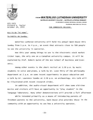 072-1972 : WLU to be &quot;at home&quot; to public on Sunday