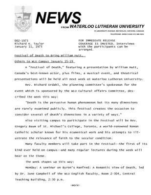 002-1973 : Festival of death to bring William Hutt, others to WLU campus January 15-19