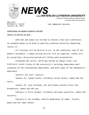 004-1973 :  Conference on women studies varied topics in series at WLU