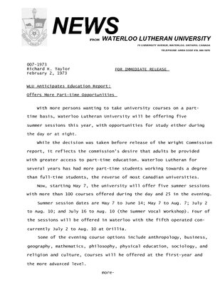 007-1973 :  WLU anticipates education report : offers more part-time opportunities