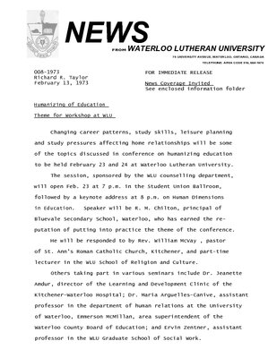 008-1973 :  Humanizing of education theme for workshop at WLU