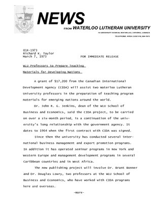 014-1973 :  WLU professors to prepare teaching materials for developing nations