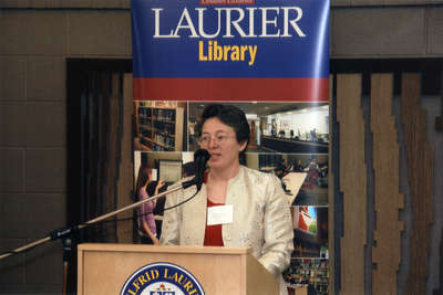 Susan Horton speaking at Wilfrid Laurier University Library donor event