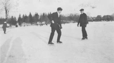 Carl Sorensen and James Vorkoper ice skating in Guelph, Ontario