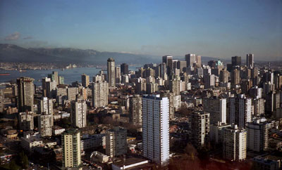 Aerial View of Vancouver, Burrard Inlet & North Shore Mountains