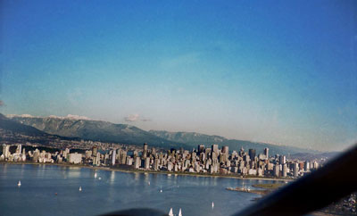 Aerial View of English Bay, Downtown & North Shore Mountains