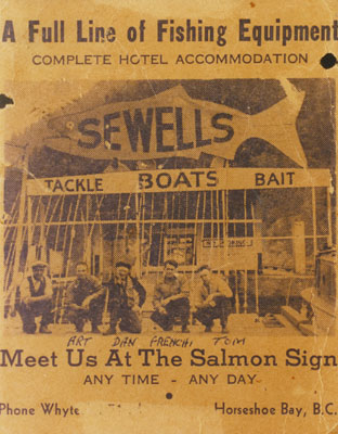 Advertisement for Sewell's Marina, fishing equipment and hotel accommodation