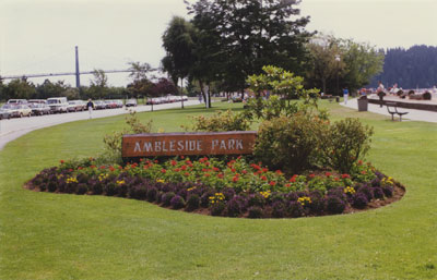 Ambleside Park sign and flower bed