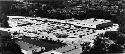 Aerial photo of Park Royal with artist's model superimposed on North Mall, c.1953.