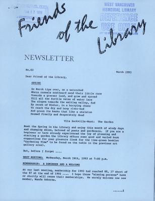 Friends of the Library Newsletter, 1 Mar 1993