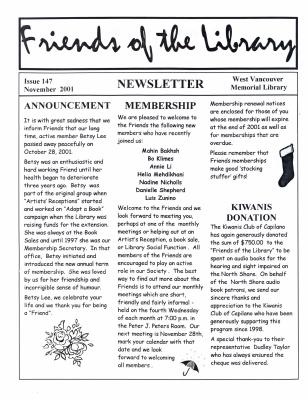 Friends of the Library Newsletter, 1 Nov 2001