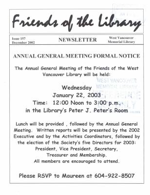 Friends of the Library Newsletter, 1 Dec 2002