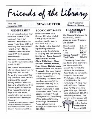 Friends of the Library Newsletter, 1 Nov 2003