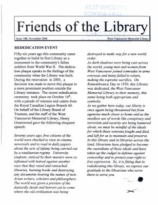 Friends of the Library Newsletter, 1 Nov 2006