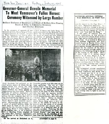 Memorial Arch Unveiling newspaper clipping