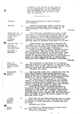 District of West Vancouver Council meeting minutes to create a Memorial for fallen soldiers. May 1, 1919.