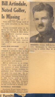 World War II Article-&quot;Bill Artindale, Noted Golfer, Is Missing&quot;