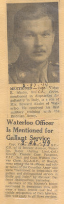 World War II Articles-&quot;Waterloo Officer Is Mentioned for Gallant Service&quot;