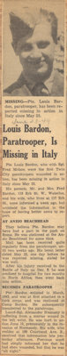 World War II Article-&quot;Louis Bardon, Paratrooper, Is Missing in Italy&quot;