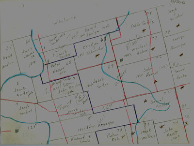 Waterloo Township map with names of early property owners