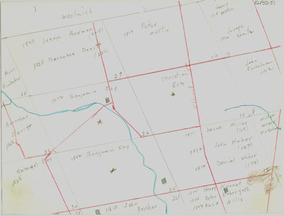 Waterloo Township map with names of early property owners