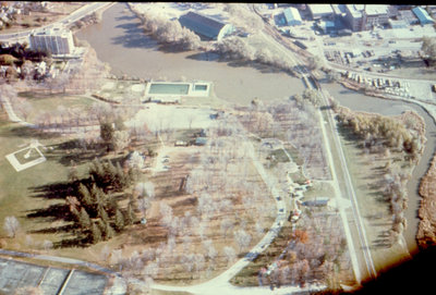 Aerial view of Waterloo Park and Silver Lake, Waterloo, Ontario