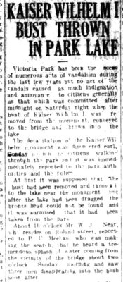 WWI Newsclippings - Kaiser Wilhelm bust thrown into Victoria Park lake, August 27, 1914