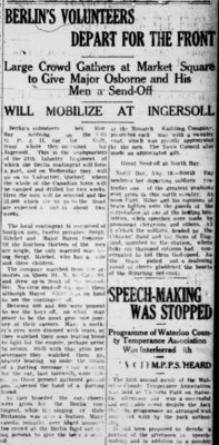 WWI Newsclippings - Berlin Army Volunteers departing for the front, Waterloo Chronicle August 20, 1914 p. 3