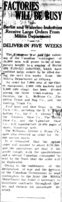 WWI Newsclippings - Kitchener and Waterloo manufacturers increased business, Waterloo Chronicle August 20, 1914 p. 2