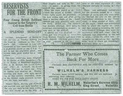 WWI Newsclippings - British Army Reservists leaving Kitchener for the front, Waterloo Chronicle August 20, 1914 p. 4