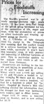 WWI Newsclippings - Prices for foodstuffs increasing, Waterloo Chronicle August 20, 1914 p. 2