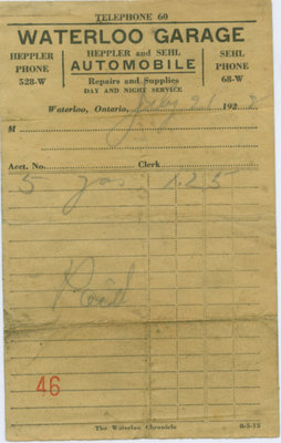 Waterloo Garage gas receipt, 1928