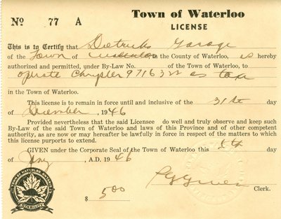 Town of Waterloo Taxi Licenses for Dietrich's Garage, Waterloo, Ontario