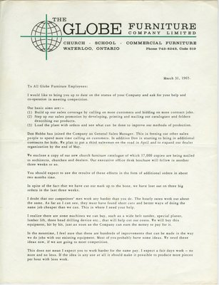 Globe Furniture Company 1965 Letter to Employees