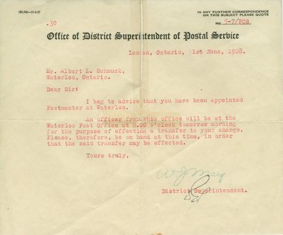 Waterloo Postmaster Transition Letter 1928