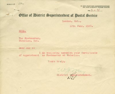 Waterloo Postmaster Certificate of Appointment Letter