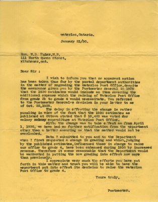 1930 Post Office Regrading Letter