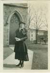Loretta Weis in front of Church of the Good Shepherd