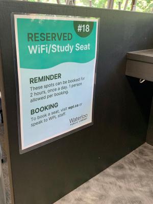 Sign for Wifi/Study Seat at Waterloo Public Library, Waterloo