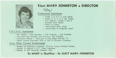 &quot;Elect Mary Johnston&quot; Federation of Women Teachers' Associations of Ontario Flyer