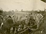 A farmer standing with four horses