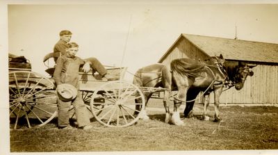 Two boys with a horse drawn carriage